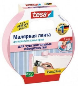 Теса малярная лента длина 25 метров ширина 25 мм розовая для деликатных поверхностей