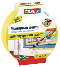 Теса малярная лента узкая длина 25 метров ширина 25 мм желтая четкий край