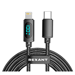 Кабель Type-C – Lightning для Apple 3 А Черный нейлон с LED-дисплеем 1 м REXANT