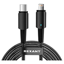 Кабель Type-C – Lightning для Apple 3 А Черный нейлон со световой индикацией 1 м REXANT