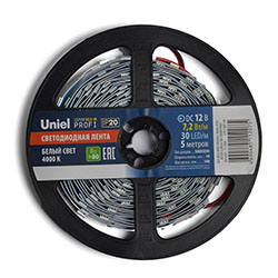 Светодиодная лента Uniel ULS-M22-5050-30LED/m-10mm-IP20-DC12V-7.2W/m-5M-4000K PROFI