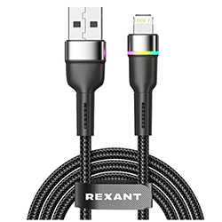 Кабель USB-A – Lightning для Apple 2,4 А Черный нейлон с LED подсветкой 1 м REXANT