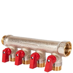 Коллектор с шаровыми кранами 3/4'  4 отвода 1/2' красные ручки STOUT