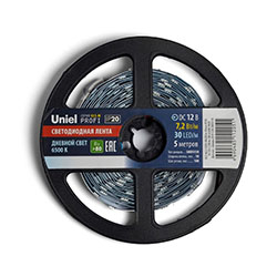 Светодиодная лента Uniel ULS-M22-5050-30LED/m-10mm-IP20-DC12V-7.2W/m-5M-6500K PROFI