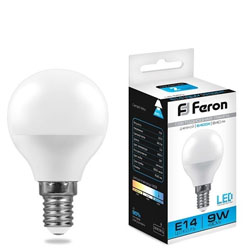 Лампа светодиодная шар LED 9 вт E14 G45 6400К Дневной свет Feron