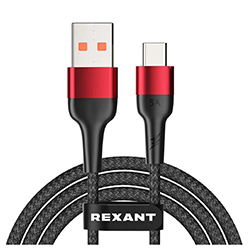 Кабель USB-A – Type-C 5А 50Вт 1 м Черный нейлон REXANT