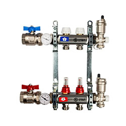 Коллектор НЕРЖ 2 выхода с кранами воздушниками расходомерами STOUT