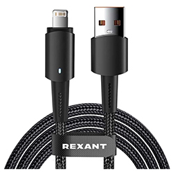 Кабель USB-A – Lightning для Apple 2,4 А Черный нейлон со световой индикацией 1 м REXANT