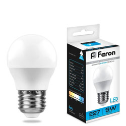 Лампа светодиодная шар LED 9вт E27 G45 6400 К Дневной свет Feron
