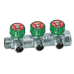 Коллектор латунь 1" ВР/НР 3 вых 3/4" НР евроконус регулируемыми клапанами MULTIFAR Far