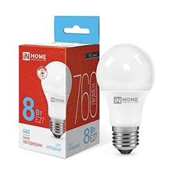 Лампа светодиодная LED-A60-VC 8Вт 230В Е27 6500К 760Лм IN HOME Лампа светодиодная LED-A60-VC 8Вт 230В Е27 6500К 760Лм IN HOME