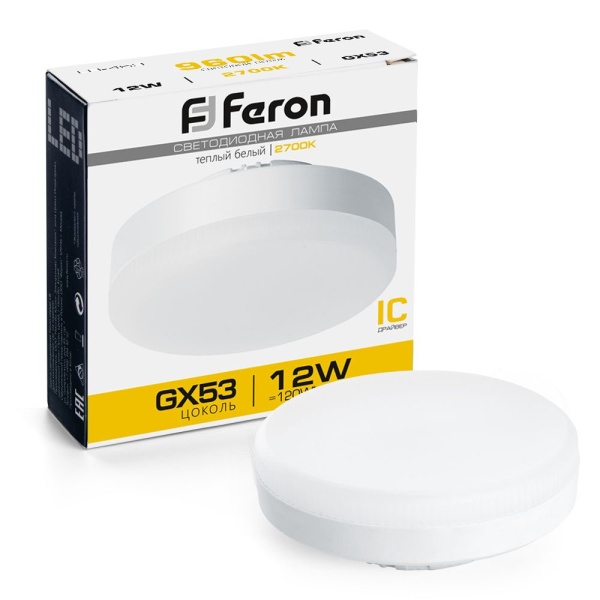 Картинка Лампа светодиодная Feron LED таблетка 12 вт GX53 тёплый