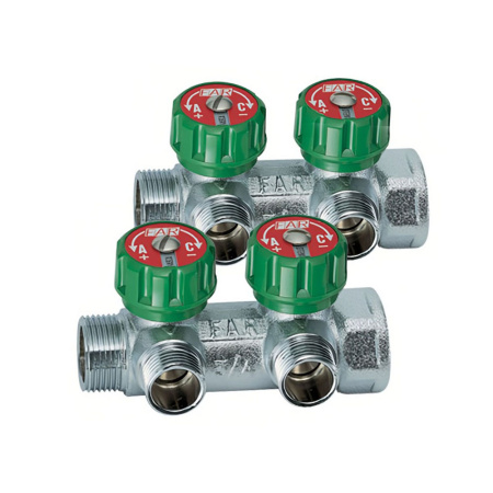 Картинка Коллектор латунь 3/4" ВР/НР 2 выхода 1/2" НР евроконус плоское уплотнение регулируемые клапана MULTIFAR Far