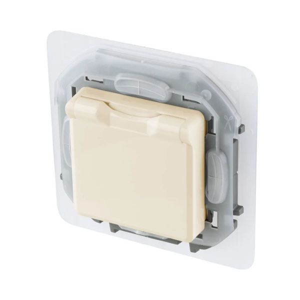 Картинка Розетка с заземлением IP 44 с крышкой и шторками Слоновая кость Legrand INSPIRIA