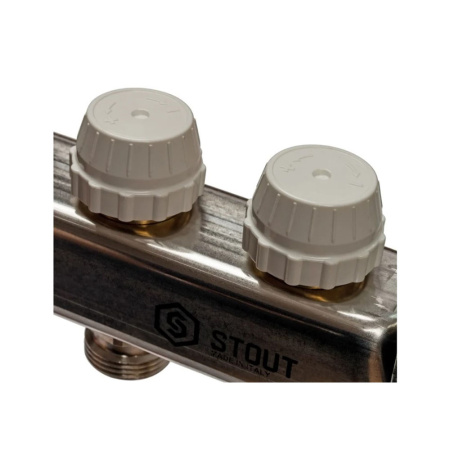 Картинка Коллектор НЕРЖ 2 выхода с кранами воздушниками расходомерами STOUT