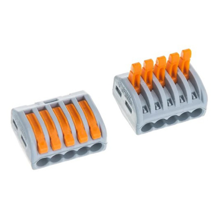 Картинка Клемма 5-х проводная Al/Cu Серая с оранжевыми рычажками 0.08-2.5 мм WAGO