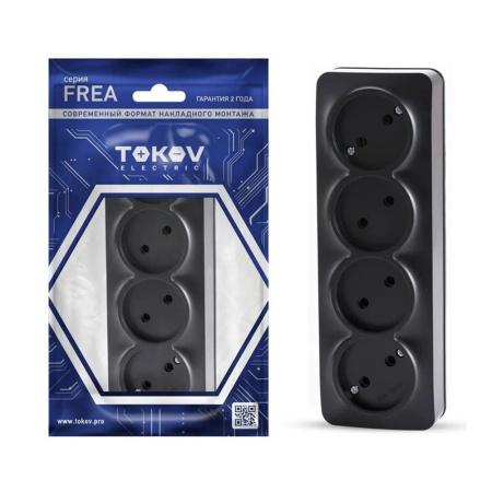 Картинка Розетка четырехместная ОП Frea 16А IP20 250В без заземления Карбон TOKOV ELECTRIC