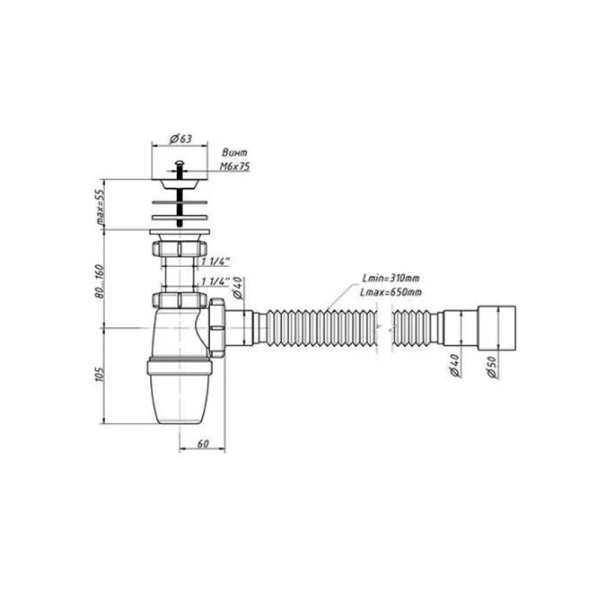 Картинка Сифон для умывальника бутылочный 1 1/4"x40 с гофрой 40х40/50 нержавеющая решетка ORIO 
