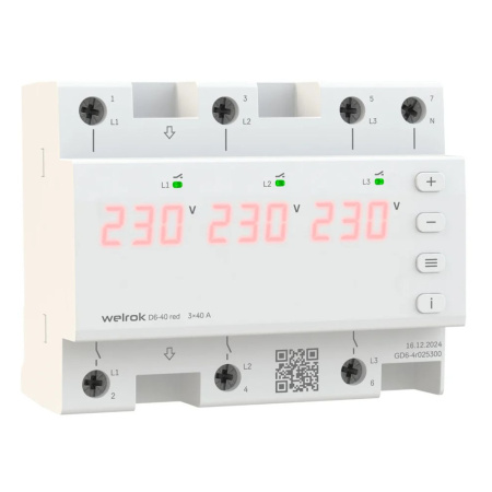 Реле напряжения трехфазное 6 модулей D6-40 red 40A Welrok