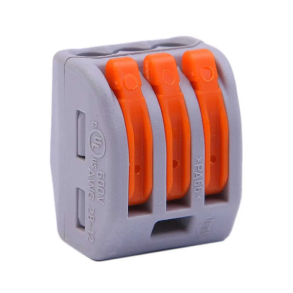 Картинка Клемма 3-х проводная Al/Cu Серая с оранжевыми рычажками 0.08-2.5 мм WAGO