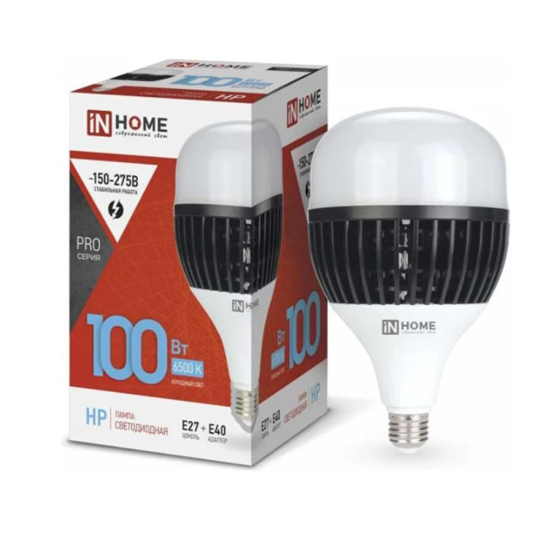 Изображение Лампа светодиодная LED-HP-PRO 100Вт 230В E27 с адаптером Е40 6500К 9500Лм IN HOME Картинка Лампа светодиодная LED-HP-PRO 100Вт 230В E27 с адаптером Е40 6500К 9500Лм IN HOME