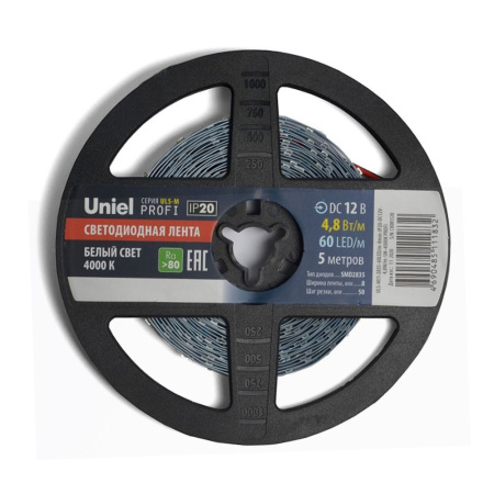 Светодиодная лента Uniel ULS-M11-2835-60LED/m-8mm-IP20-DC12V-4,8W/m-5M-4000K PROFI