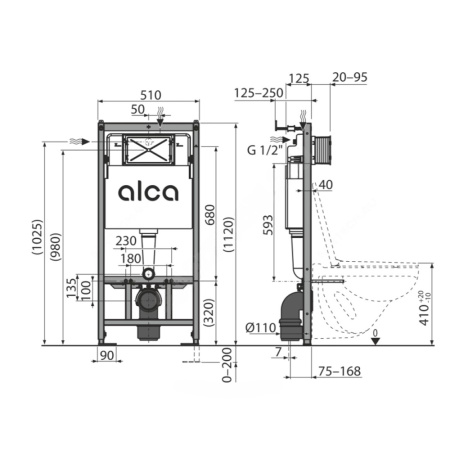 Картинка Инсталляция для подвесного унитаза с кнопкой Белая глянец M70 AlcaPlast