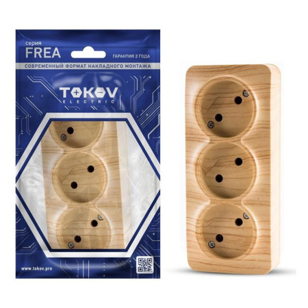 Картинка Розетка трехместная ОП Frea 16А IP20 250В без заземления АБС-пластик Сосна TOKOV ELECTRIC