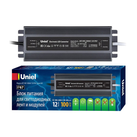 Картинка Блок питания ультратонкий 100Вт 12В IP67 металлический корпус Uniel UET-VAF-100A67