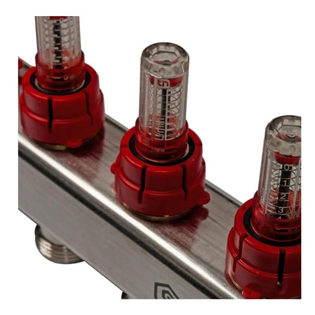 Картинка Коллектор нержавеющая сталь 9 выходов с кранами воздушниками расходомерами SMS 0907 000009 STOUT