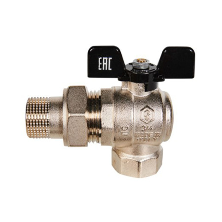 Картинка Кран шаровой со сгоном угловой полнопроходной 3/4" ВР с американкой ручка бабочка STOUT