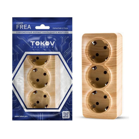 Картинка Розетка трехместная ОП Frea 16А IP20 250В с заземлением Сосна TOKOV ELECTRIC