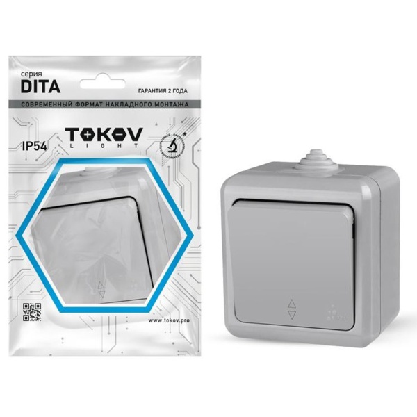 Картинка Переключатель 1 клавиша ОП Dita IP54 10А 250В Серый TOKOV ELECTRIC