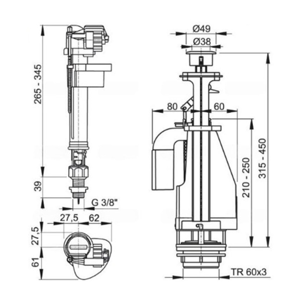 Картинка Набор для бачка нижнее подключение 1/2" кнопка Хром Alca Plast SA08AS 1/2" CHROM