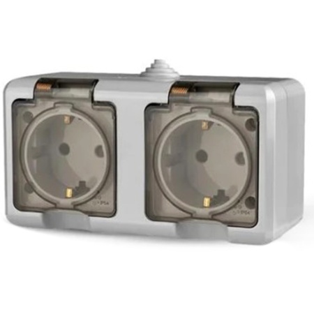 Розетка 2 местная ОП Dita 16А IP54 250В с з/к с прозрачной крышкой Серая TOKOV ELECTRIC