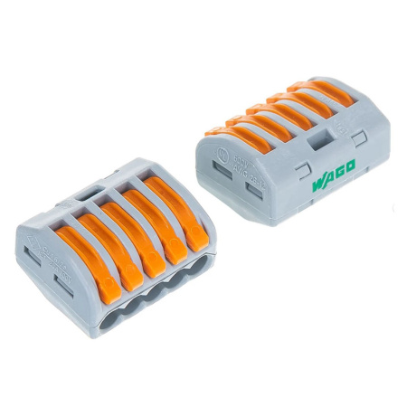 Картинка Клемма 5-х проводная Al/Cu Серая с оранжевыми рычажками 0.08-2.5 мм WAGO