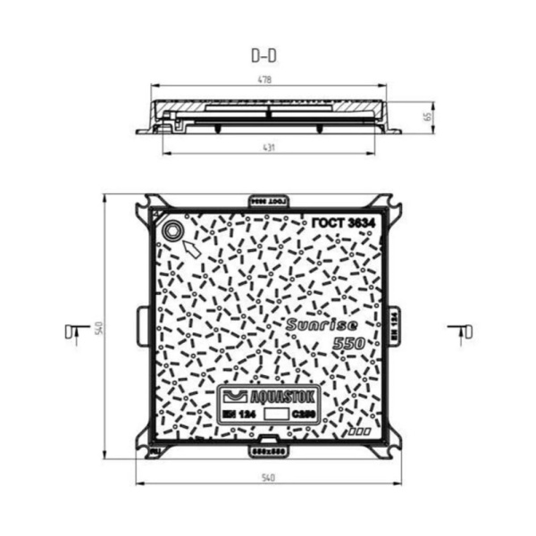 Картинка Люк чугунный квадратный 550х550 мм Sunrise550 AQUASTOK