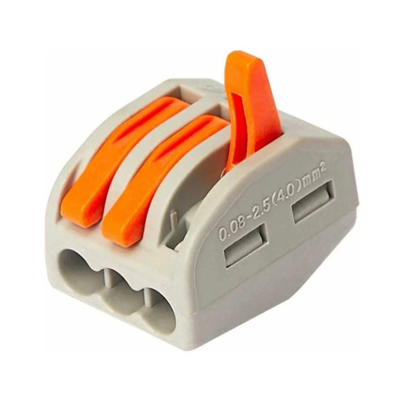 Картинка Клемма 3-х проводная Al/Cu Серая с оранжевыми рычажками 0.08-2.5 мм WAGO