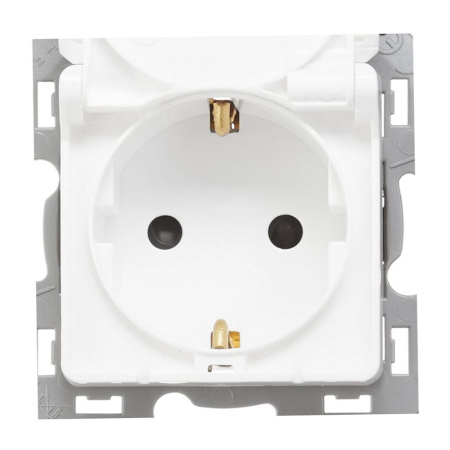 Картинка Розетка 1 пост с заземлением с крышкой и шторками Белая Legrand INSPIRIA