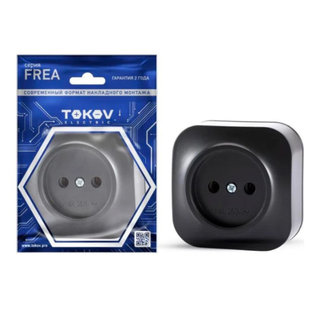 Картинка Розетка одноместная ОП Frea 16А IP20 250В без заземления АБС-пластик Карбон TOKOV ELECTRIC