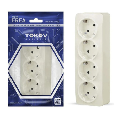Картинка Розетка четырехместная ОП Frea 16А IP20 250В с заземлением АБС-пластик Бежевый TOKOV ELECTRIC