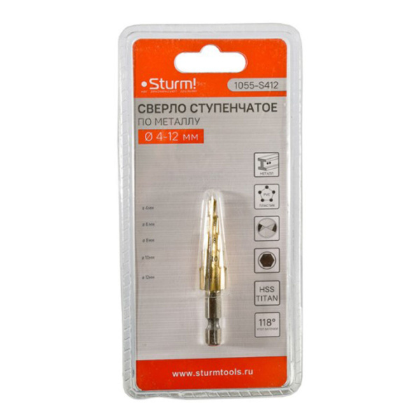 Картинка Сверло ступенчатое по металлу 4-12 мм прямое титан Sturm
