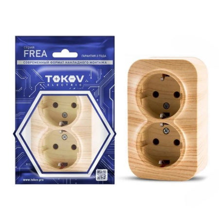 Картинка Розетка двухместная ОП Frea 16А IP20 250В с заземлением АБС-пластик Сосна TOKOV ELECTRIC