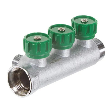 Картинка Коллектор латунь 1" ВР/НР 3 выхода 1/2" НР плоское уплотнение регулирующий клапана MULTIFAR Far 3822 112ТР