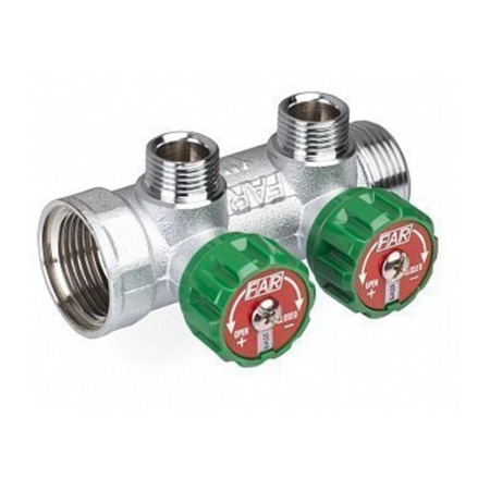 Коллектор латунь 1" ВР/НР 2 выхода 3/4" НР евроконус регулируемые клапана MULTIFAR Far