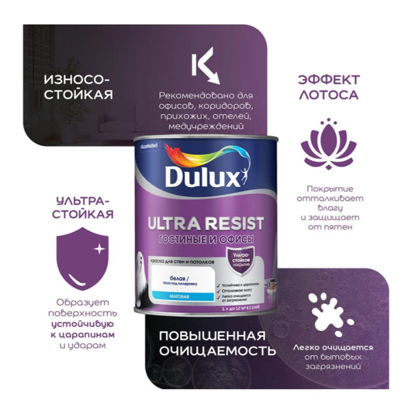Картинка Краска для гостиных и офисов база BС 2,25 л Dulux/Luxium Ultra Resist