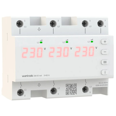 Картинка Реле напряжения трехфазное 6 модулей D6-63 red Welrok