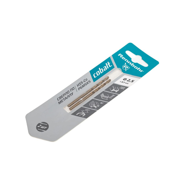 Картинка Сверло по металлу 2,5 мм 2 шт Rennbohr COBALT CARD