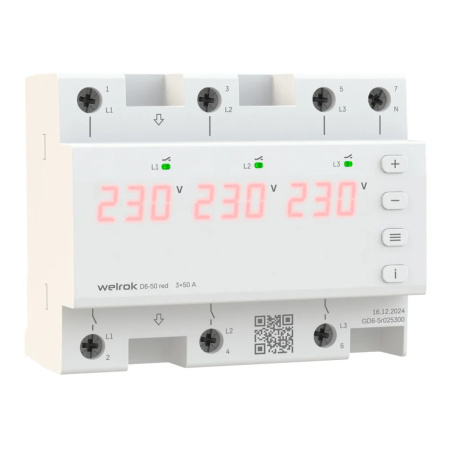 Картинка Реле напряжения трехфазное 6 модулей D6-50 red 50A Welrok