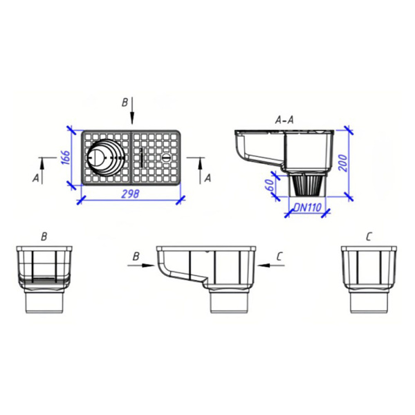 Картинка Ливнеприемник кровельный пластиковый в сборе 298х166х200 A15 AQUASTOK